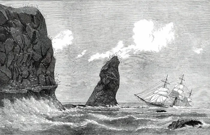Framed Print : The Strathmore on the Crozet Islands, sketched by the carpenter of the ship, 1876. Creator: H. E. Tozer Framed Print : The Strathmore on the Crozet Islands, sketched by the carpenter of the ship, 1876. Creator: H. E. Tozer