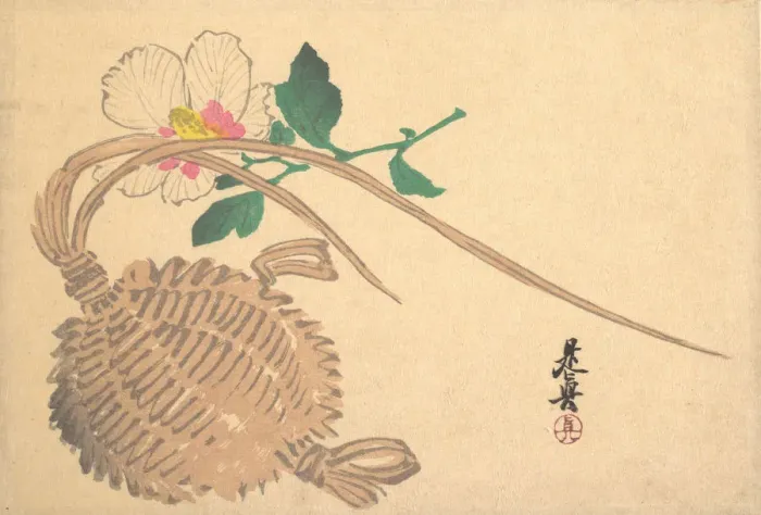 Framed Print : Straw Basket for Fish (?) and Mokuge Flower, ca. 1875. ca. 1875. Creator: Shibata Zeshin Framed Print : Straw Basket for Fish (?) and Mokuge Flower, ca. 1875. ca. 1875. Creator: Shibata Zeshin