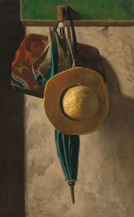 Framed Print : Straw Hat, Bag, and Umbrella, 1890 / early 1900s. Creator: John Frederick Peto Framed Print : Straw Hat, Bag, and Umbrella, 1890 / early 1900s. Creator: John Frederick Peto