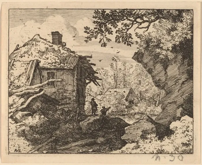 Framed Print : Straw Hut Seen from Behind, probably c. 1645 / 1656. Creator: Allart van Everdingen Framed Print : Straw Hut Seen from Behind, probably c. 1645 / 1656. Creator: Allart van Everdingen