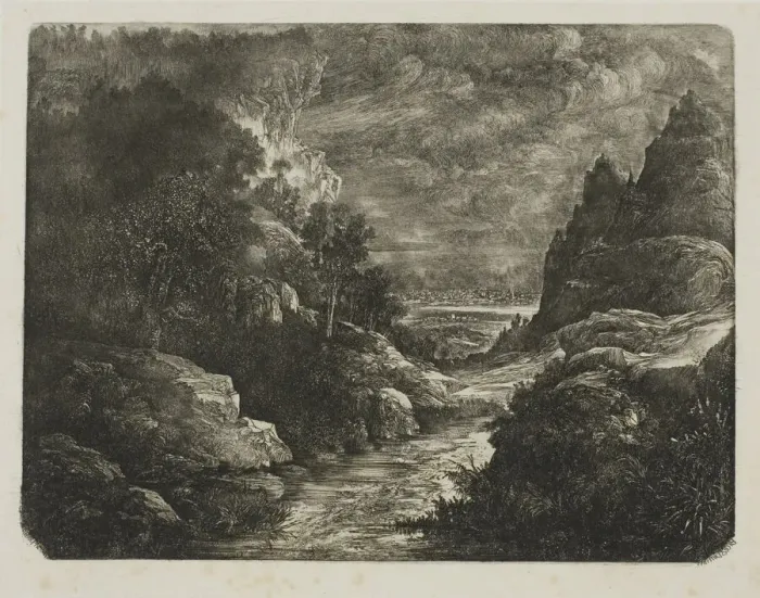 Framed Print : The Stream in the Gorge, 1871. Creator: Rodolphe Bresdin Framed Print : The Stream in the Gorge, 1871. Creator: Rodolphe Bresdin