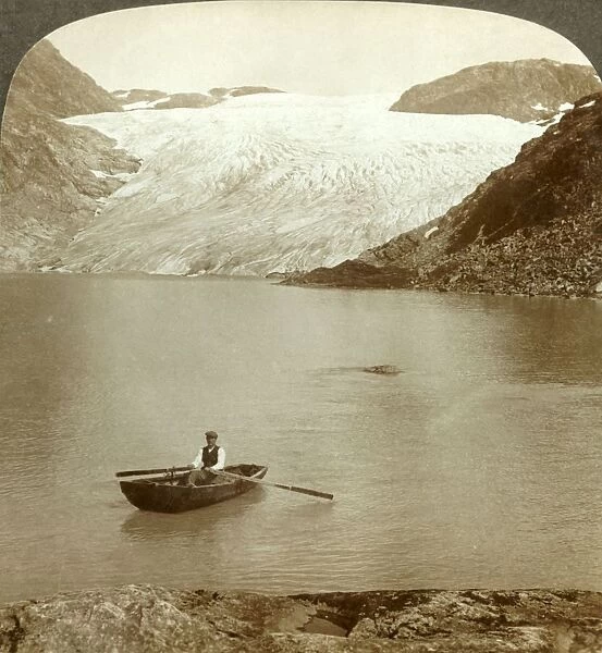 Stream of solid ice (Hardanger glacier) and lake where it melts, Norway, c1905
