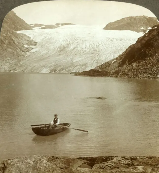 Framed Print : Stream of solid ice (Hardanger glacier) and lake where it melts, Norway, c1905 Framed Print : Stream of solid ice (Hardanger glacier) and lake where it melts, Norway, c1905