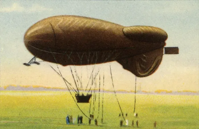 Framed Print : Streamlined barrage balloon with basket, 1918, (1932). Creator: Unknown Framed Print : Streamlined barrage balloon with basket, 1918, (1932). Creator: Unknown