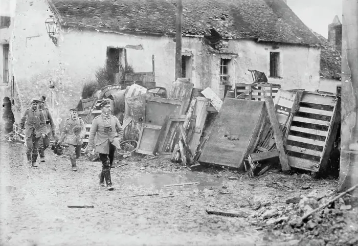 Framed Print : Street barricade in French town, between 1914 and c1915. Creator: Bain News Service Framed Print : Street barricade in French town, between 1914 and c1915. Creator: Bain News Service