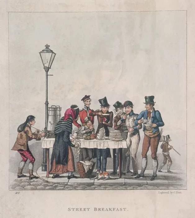 Framed Print : Street Breakfast, London, 1825. Artist: G Hunt Framed Print : Street Breakfast, London, 1825. Artist: G Hunt
