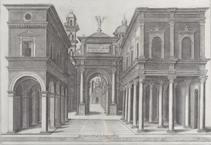 Framed Print : A street with buildings, colonnades and an arch, 1475-1510 Framed Print : A street with buildings, colonnades and an arch, 1475-1510