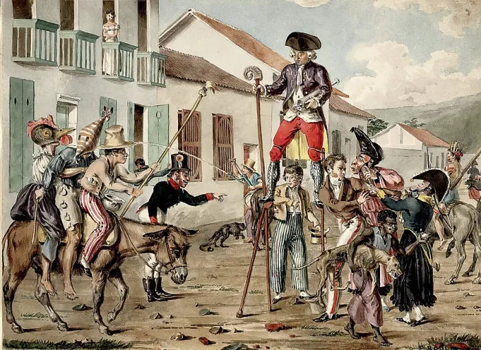 Framed Print : A street carnival in Bogota, with a battle between personifications of medicine and... 1822 / 1828. Creator: Francois Desire Roulin Framed Print : A street carnival in Bogota, with a battle between personifications of medicine and... 1822 / 1828. Creator: Francois Desire Roulin