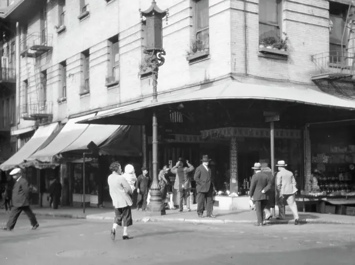 Framed Print : Street corner in Chinatown, San Francisco, between 1920 and 1930. Creator: Arnold Genthe Framed Print : Street corner in Chinatown, San Francisco, between 1920 and 1930. Creator: Arnold Genthe