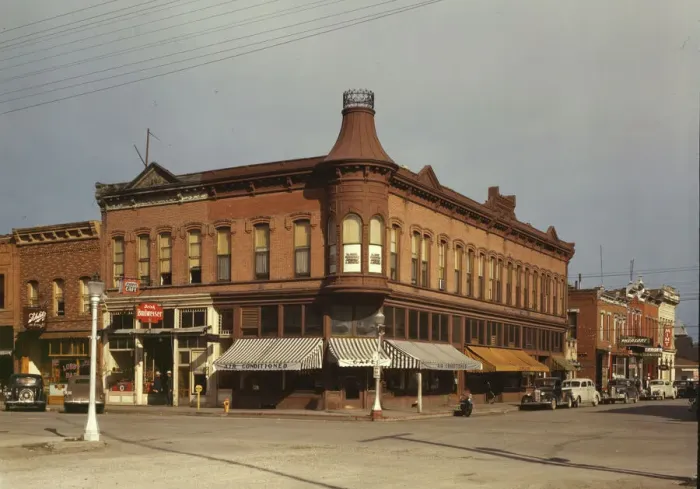 Framed Print : Street corner, Dillon, Mont. 1942. Creator: Russell Lee Framed Print : Street corner, Dillon, Mont. 1942. Creator: Russell Lee