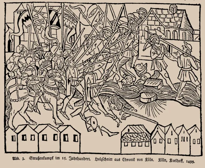 Framed Print : Street fighting in the 15th century. From the Cologne Chronicle by Johann Koelhoff, 1499 Framed Print : Street fighting in the 15th century. From the Cologne Chronicle by Johann Koelhoff, 1499