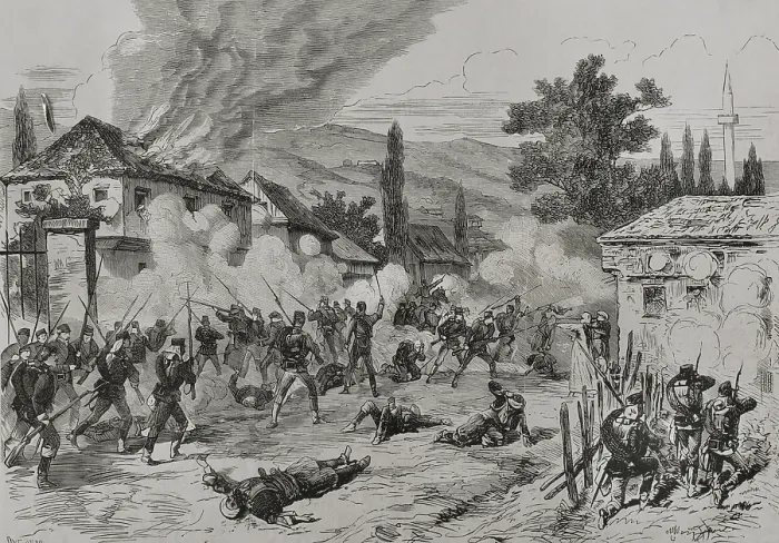 Framed Print : Street fighting between Austro-Hungarian troops and insurgents, Sarajevo, 19 August 1878 (1878). Creator: Andres Ovejero Framed Print : Street fighting between Austro-Hungarian troops and insurgents, Sarajevo, 19 August 1878 (1878). Creator: Andres Ovejero