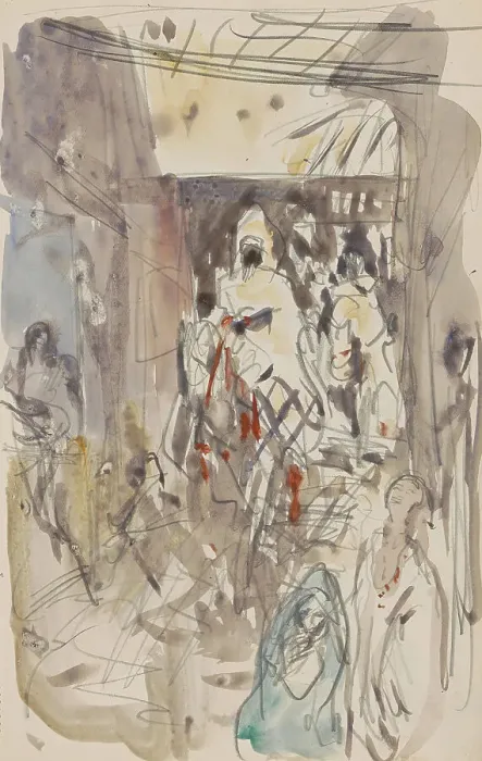 Framed Print : Street with figures and riders, 1923. Creator: Marius Bauer Framed Print : Street with figures and riders, 1923. Creator: Marius Bauer