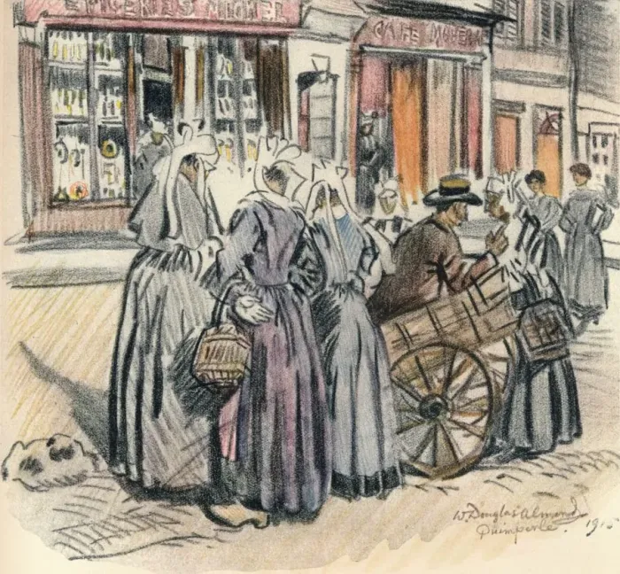 Framed Print : Street Gossip, Quimperle, 1915. Artist: William Douglas Almond Framed Print : Street Gossip, Quimperle, 1915. Artist: William Douglas Almond
