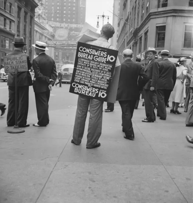 Framed Print : Street hawker selling Consumer s... 42nd Street and Madison Avenue, New York City, 1939. Creator: Dorothea Lange Framed Print : Street hawker selling Consumer s... 42nd Street and Madison Avenue, New York City, 1939. Creator: Dorothea Lange