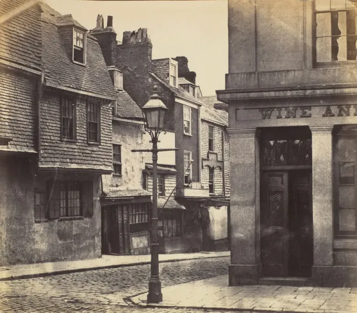Framed Print : Street with Lamp Post and Wine Shop, 1850s. Creator: Unknown Framed Print : Street with Lamp Post and Wine Shop, 1850s. Creator: Unknown