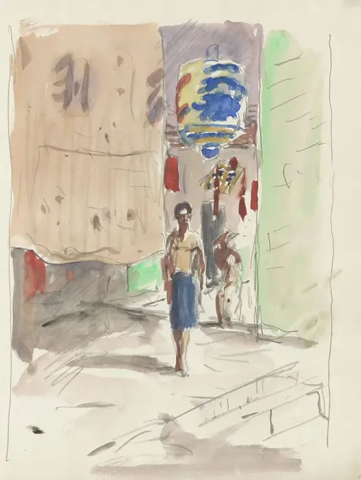 Framed Print : Street with a lantern and figures, 1931. Creator: Marius Bauer Framed Print : Street with a lantern and figures, 1931. Creator: Marius Bauer