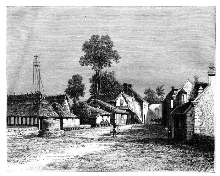Framed Print : A street of Macassar, Celebes, Indonesia, 19th century. Artist: Hubert Clerget