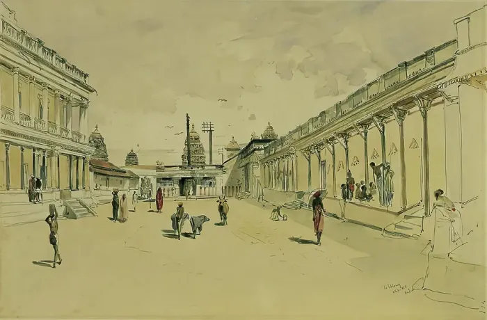 Framed Print : Street in Madras with a temple, 1858. Creator: Joseph Selleny Framed Print : Street in Madras with a temple, 1858. Creator: Joseph Selleny