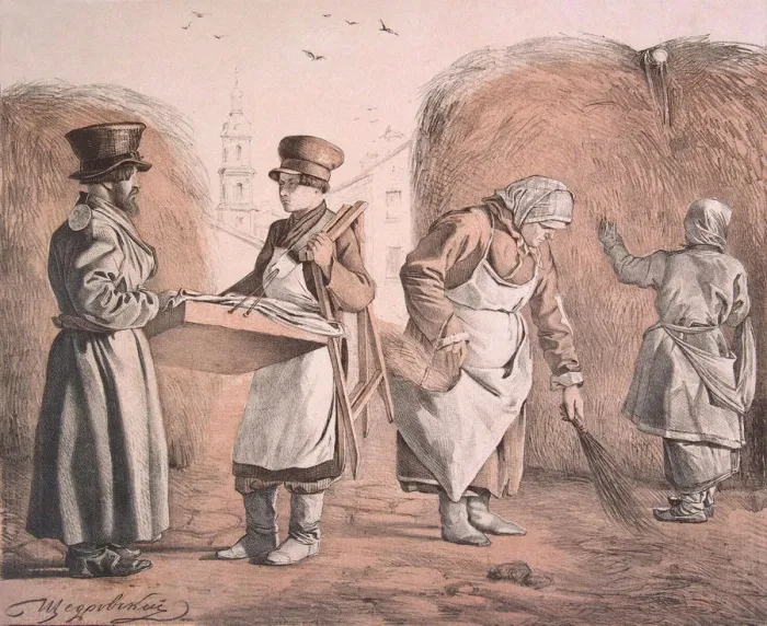 Framed Print : Street Pedlar of Pies and Coachman (From the Series These Are Our People), 1842. Artist: Shchedrovsky, Ignati Stepanovich (1815-1870) Framed Print : Street Pedlar of Pies and Coachman (From the Series These Are Our People), 1842. Artist: Shchedrovsky, Ignati Stepanovich (1815-1870)