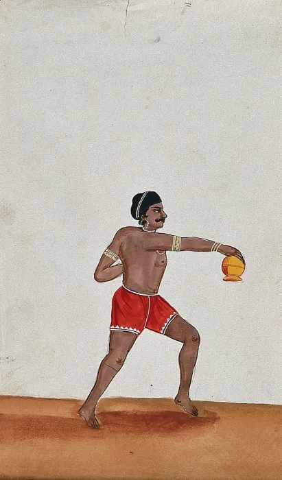 Framed Print : A street performer holding a small pot upside down, (between 1800 and 1899?). Creator: Unknown Framed Print : A street performer holding a small pot upside down, (between 1800 and 1899?). Creator: Unknown