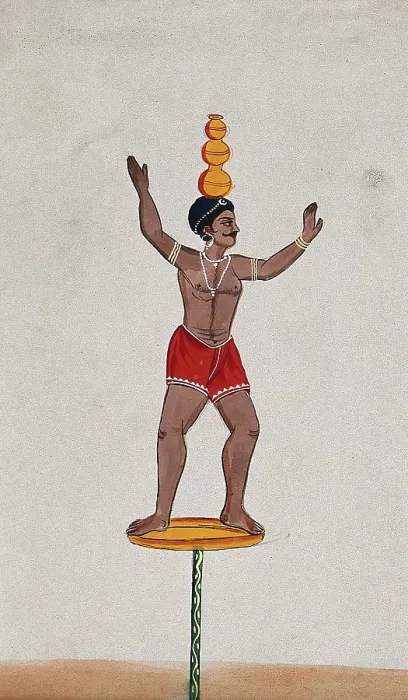 Framed Print : A street performer standing on a disc balancing three pots on his head, (between 1800 and 1899?). Creator: Unknown