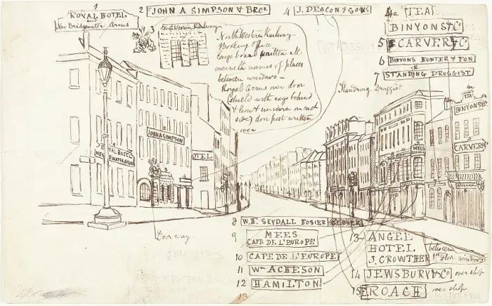 Framed Print : Street Perspective with Places of Business Labeled. Creator: George Cruikshank Framed Print : Street Perspective with Places of Business Labeled. Creator: George Cruikshank