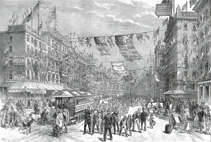 Framed Print : Street in Philadelphia on the Opening Day of the American Centennial Exhibition...1876. Creator: C.R Framed Print : Street in Philadelphia on the Opening Day of the American Centennial Exhibition...1876. Creator: C.R