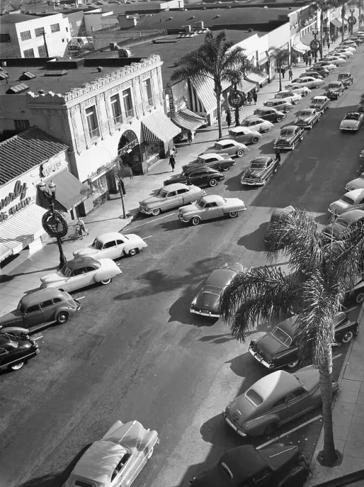 Framed Print : Street scene with cars parked, USA, c1952 Framed Print : Street scene with cars parked, USA, c1952