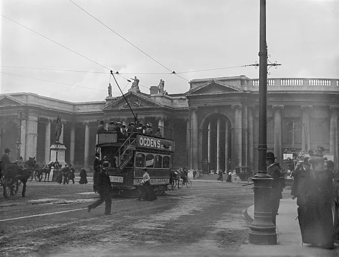 Framed Print : Street scene with electric tram in front of old Irish Paliament building, Dublin, Ireland, c1895 Framed Print : Street scene with electric tram in front of old Irish Paliament building, Dublin, Ireland, c1895