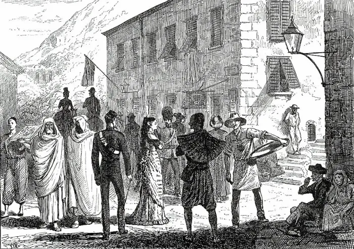 Framed Print : Street scene at Gibraltar, 1876. Creator: Unknown Framed Print : Street scene at Gibraltar, 1876. Creator: Unknown