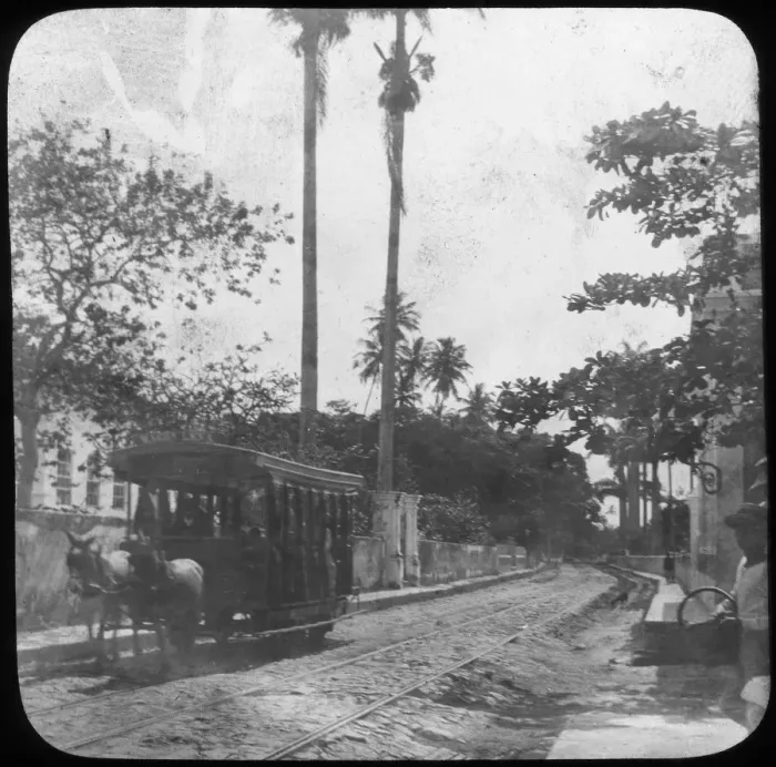 Framed Print : Street scene with horse-drawn tram, Pernambuco, Brazil, late 19th or early 20th century Framed Print : Street scene with horse-drawn tram, Pernambuco, Brazil, late 19th or early 20th century