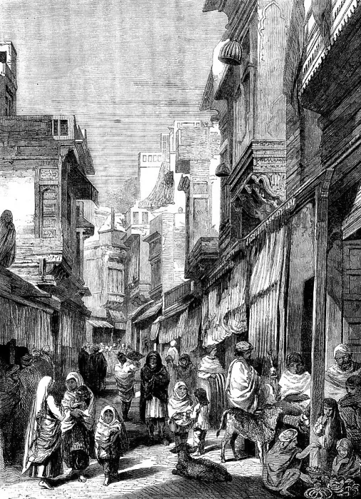 Framed Print : Street Scene in Lahore - from drawings by W. Carpenter, Jun. 1858. Creator: Unknown Framed Print : Street Scene in Lahore - from drawings by W. Carpenter, Jun. 1858. Creator: Unknown