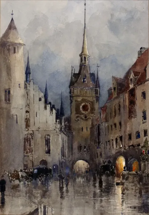 Framed Print : Street Scene in Munich, 1880. Creator: Ross Turner Framed Print : Street Scene in Munich, 1880. Creator: Ross Turner
