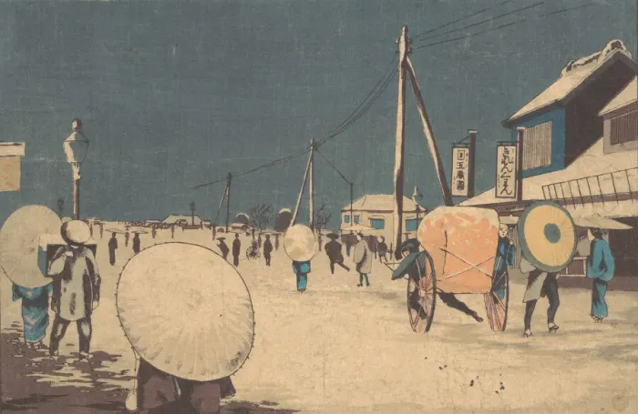 Framed Print : Street Scene in the Outskirts of Edo on an Evening in Winter, ca. 1878 Framed Print : Street Scene in the Outskirts of Edo on an Evening in Winter, ca. 1878