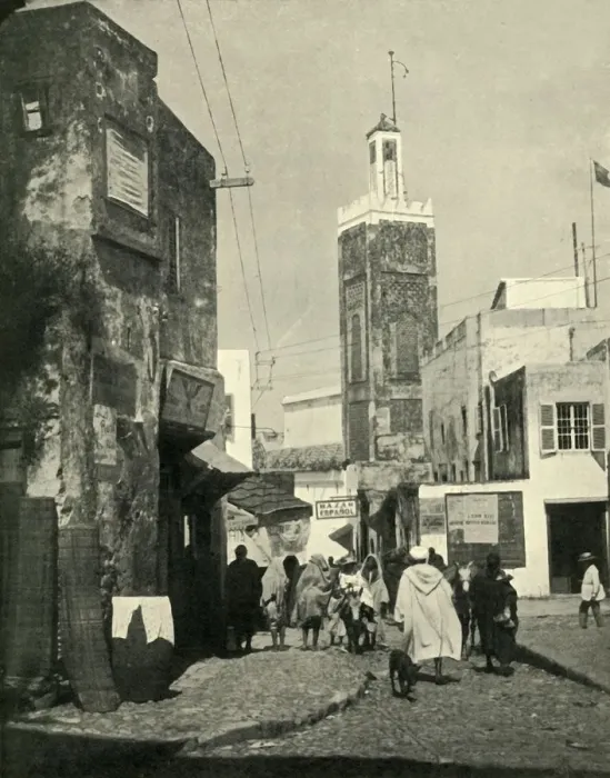Framed Print : Street Scene in Tangier, Showing Mosque, 1902. Creator: Unknown Framed Print : Street Scene in Tangier, Showing Mosque, 1902. Creator: Unknown