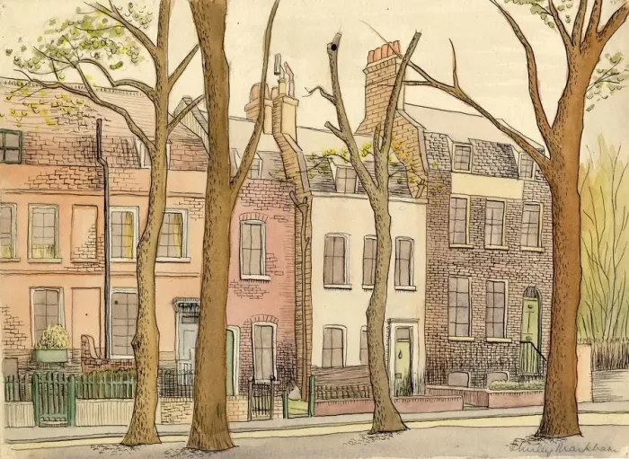 Framed Print : Street scene with trees, c1950. Creator: Shirley Markham Framed Print : Street scene with trees, c1950. Creator: Shirley Markham