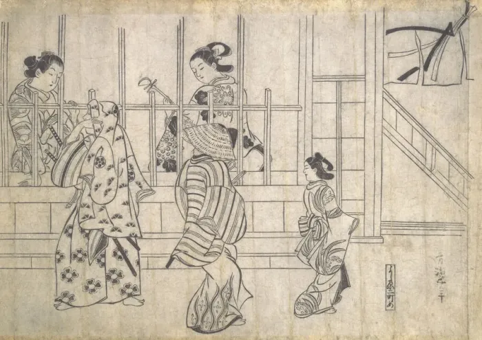 Framed Print : Street Scene in Yoshiwara, late 17th century. Creator: Hishikawa Moronobu Framed Print : Street Scene in Yoshiwara, late 17th century. Creator: Hishikawa Moronobu
