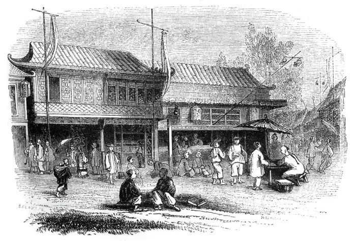 Framed Print : Street and shops in Pekin, 1847. Artist: Walmsley Framed Print : Street and shops in Pekin, 1847. Artist: Walmsley