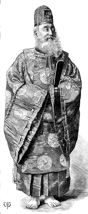 Framed Print : Street sketches in Tokio, Japan: Shinto priest in full costume, 1890. Creator: Unknown Framed Print : Street sketches in Tokio, Japan: Shinto priest in full costume, 1890. Creator: Unknown