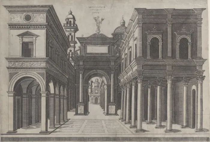 Framed Print : A street with various buildings, colonnades and an arch, 1475-1510 Framed Print : A street with various buildings, colonnades and an arch, 1475-1510
