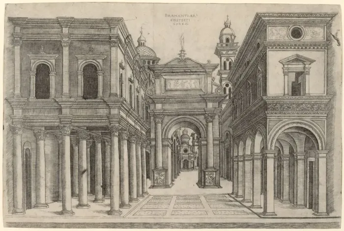 Framed Print : A Street with Various Buildings, Colonnades and an Arch, c. 1500 / 1510 Framed Print : A Street with Various Buildings, Colonnades and an Arch, c. 1500 / 1510