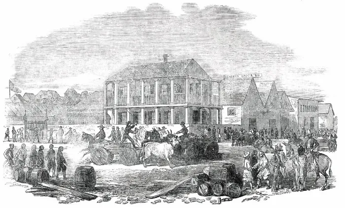 Framed Print : Street View in San Francisco, from a sketch by a correspondent, 1850. Creator: Unknown Framed Print : Street View in San Francisco, from a sketch by a correspondent, 1850. Creator: Unknown