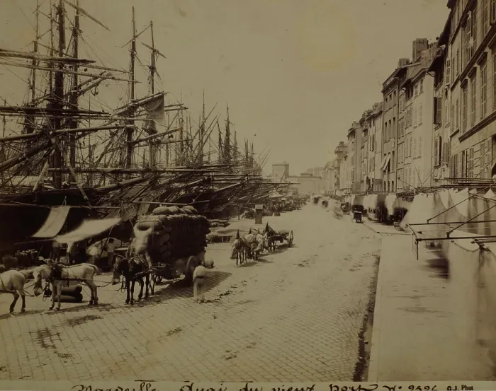 Framed Print : Street along the waterfront, Marseille Old Port, between 1870-1890. Creator: Unknown Framed Print : Street along the waterfront, Marseille Old Port, between 1870-1890. Creator: Unknown