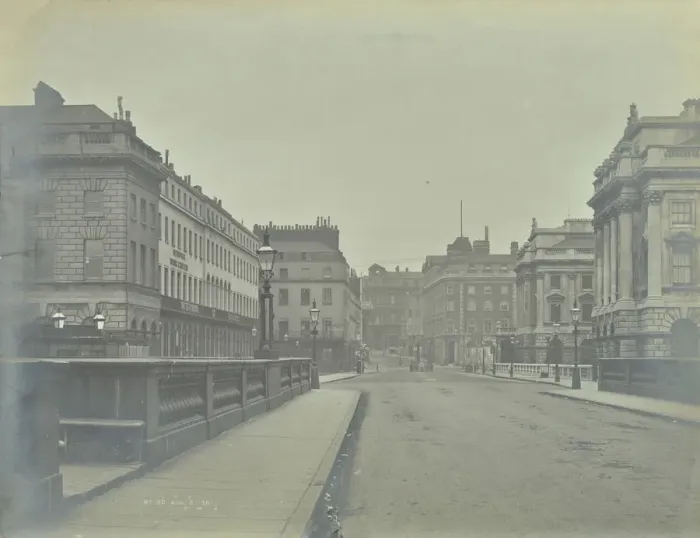 Framed Print : Empty streets at Lancaster Place, seen from Waterloo Bridge, London, 1896 Framed Print : Empty streets at Lancaster Place, seen from Waterloo Bridge, London, 1896