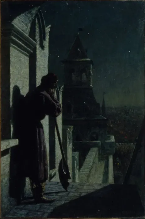 Framed Print : Strelets on the Moscow Kremlin tower at Moonlit Night, 1890s. Artist: Matveyev, Nikolai Sergeyevich (1855-1939) Framed Print : Strelets on the Moscow Kremlin tower at Moonlit Night, 1890s. Artist: Matveyev, Nikolai Sergeyevich (1855-1939)