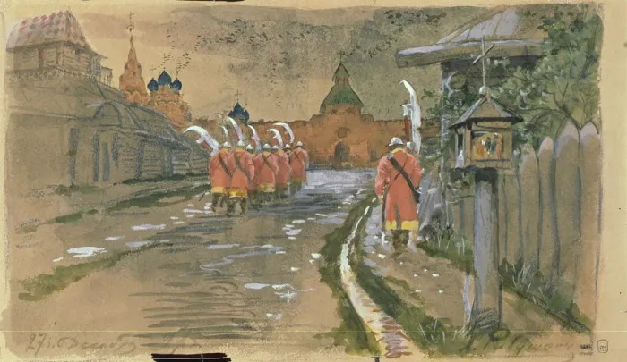 Framed Print : Strelets Patrol at the Ilyinsky Gates in Old Moscow, 1897. Artist: Ryabushkin, Andrei Petrovich (1861-1904) Framed Print : Strelets Patrol at the Ilyinsky Gates in Old Moscow, 1897. Artist: Ryabushkin, Andrei Petrovich (1861-1904)