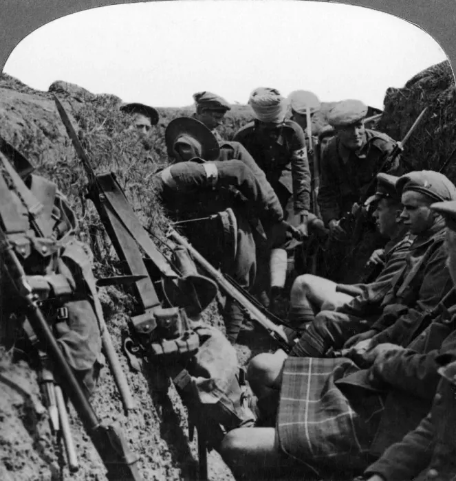 Framed Print : Stretcher bearers removing a wounded officer, World War I, 1914-1918. Artist: Realistic Travels Publishers