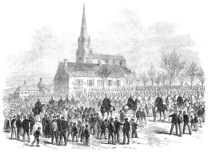 Framed Print : The Strike at the Creuzot Ironworks: arrival of the Lancers, 1870. Creator: Unknown Framed Print : The Strike at the Creuzot Ironworks: arrival of the Lancers, 1870. Creator: Unknown