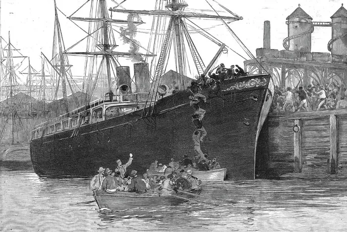 Framed Print : The Strike of Dock Labourers at Melbourne; Freemen Escaping in a boat from an attack of the Unio Creator: Unknown. The Strike of Dock Labourers at Melbourne; Freemen Escaping in a boat from an attack of the Unio Creator: Unknown
